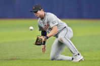 Detroit Tigers second baseman Colt Keith fields an infield single by Tampa Bay Rays' Yandy Diaz during the fifth inning of a baseball game Tuesday, April 23, 2024, in St. Petersburg, Fla. (AP Photo/Chris O'Meara)