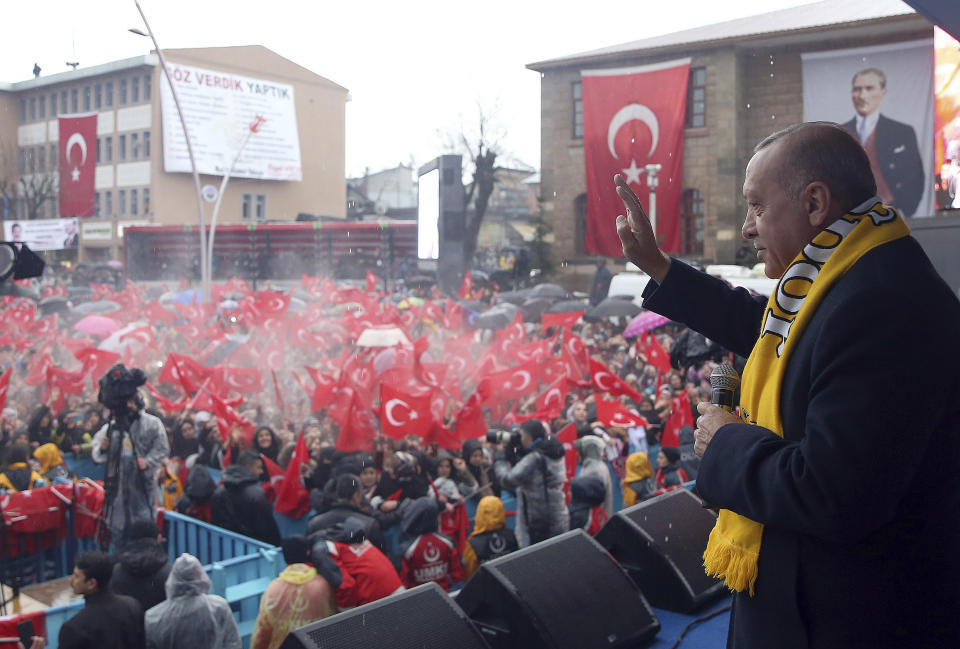 Turkey's President Recep Tayyip Erdogan addresses the supporters of his ruling Justice and Development Party during a rally in Mus, Turkey, Monday, March 25, 2019. Istanbul's Hagia Sophia, a Byzantine-era cathedral that was turned into a mosque and now serves as a museum, could be reconverted into a mosque, Erdogan has said during a television interview late on Sunday ahead of Turkey's March 31 local elections.(Presidential Press Service via AP, Pool)