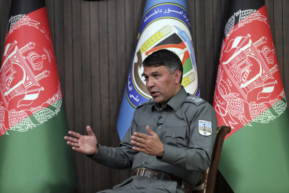 Afghan Interior Minister Masoud Andarabi speaks during an interview to the Associated Press at the Ministry of the Interior in Kabul, Afghanistan, Saturday, March. 13, 2021. (AP Photo/Rahmat Gul)