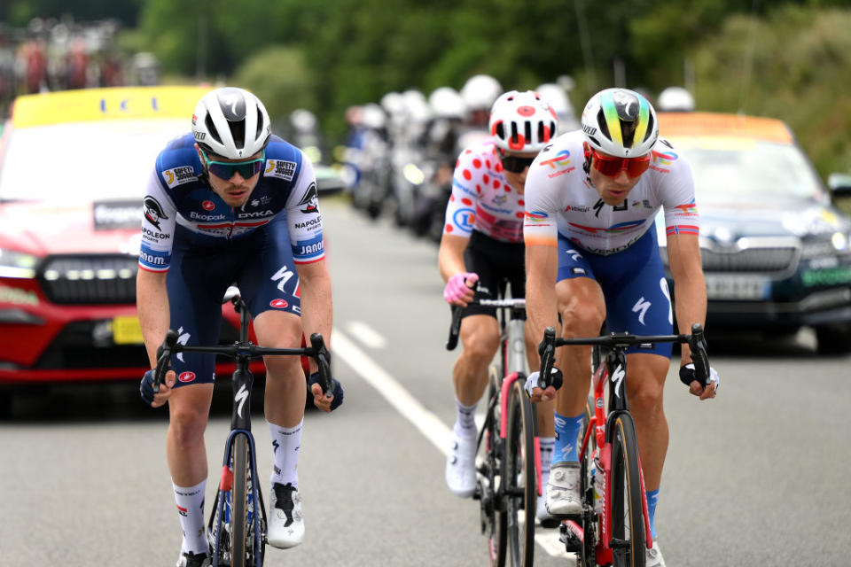 SAN SBASTIN SPAIN  JULY 02 LR Remi Cavagna of France and Team Soudal  Quick Step and Edvald BoassonHagen of Norway and Team TotalEnergies compete in the breakaway during the stage two of the 110th Tour de France 2023 a 2089km stage from VitoriaGasteiz to San Sbastin  UCIWT  on July 02 2023 in San Sbastin Spain Photo by David RamosGetty Images