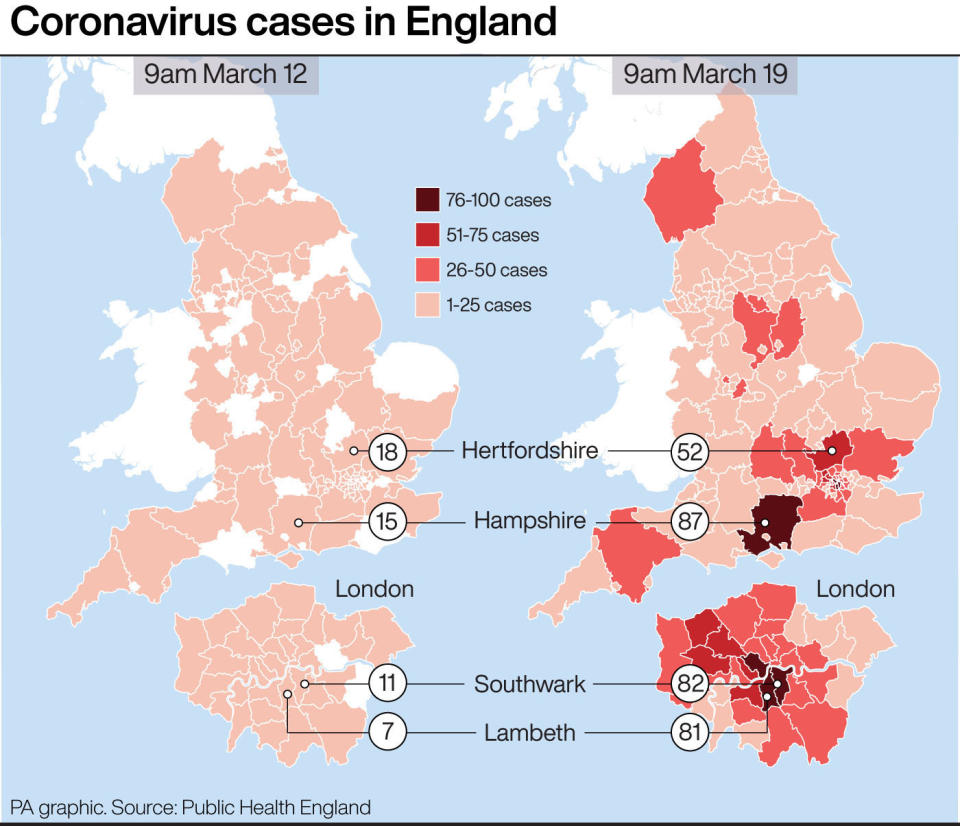 Coronavirus cases in England ,how the map has changed in a week. See story HEALTH Coronavirus. Infographic PA Graphics
