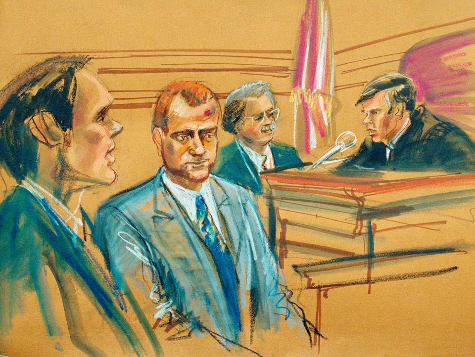 In this artist's rendering, former New York City cab driver Mahmoud Abouhalima, 33, second from right, appears in federal court in New York on March 25, 1993, after being returned from Egypt, to face charges in connection with the bombing of the World Trade Center. Assistant U.S. Attorney Gilmore Childers, left, attorney for Abouhalima, Jesse Berman, face Judge Thomas Griesa. 