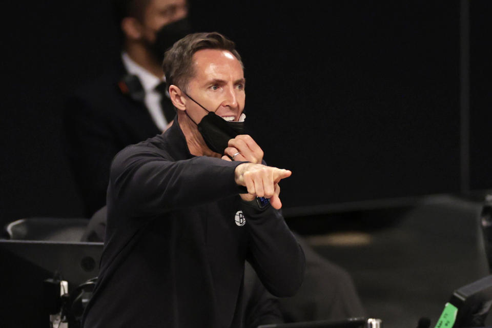 Brooklyn Nets head coach Steve Nash directs his team during the first half of an NBA basketball game against the Boston Celtics, Thursday, March 11, 2021, in New York. (AP Photo/Adam Hunger)