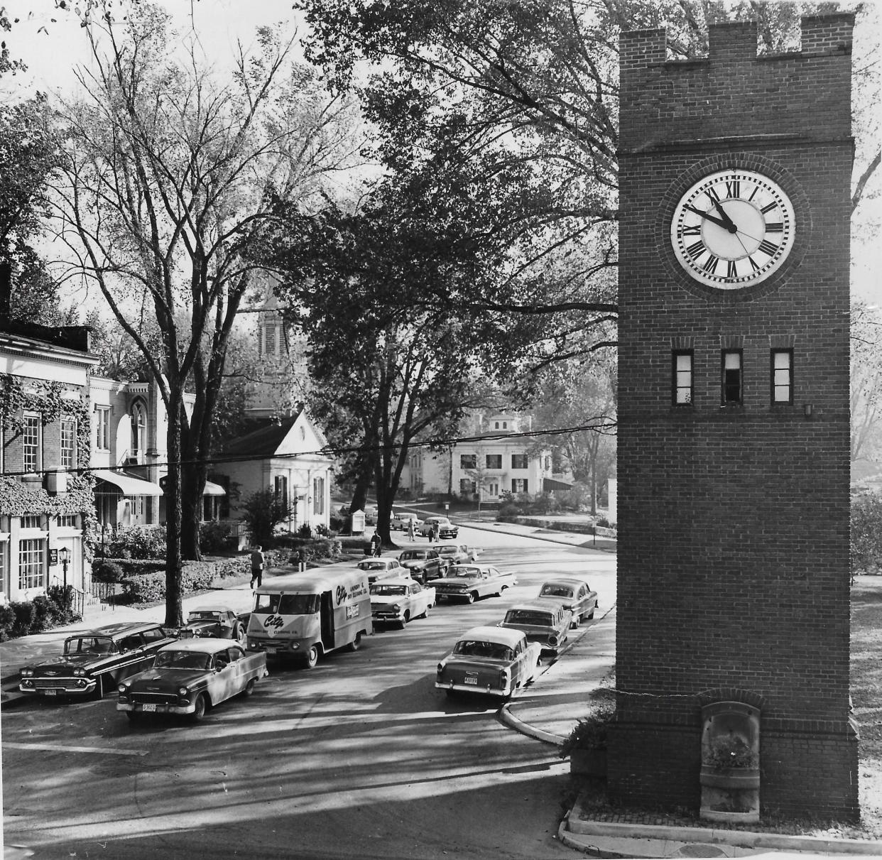 Hudson Clock Tower looms over motorists in the late 1950s. Strangely enough, the time was different in Akron.