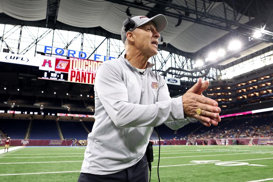Michigan Panthers coach Mike Nolan reacts against the Houston Roughnecks during the second quarter in the game at Ford Field on April 14, 2024, in Detroit.