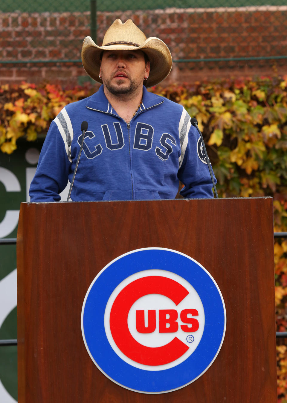 Country singer Jason Aldean speaks during a news conference at Wrigley Field to announce his 2013 Night Train Tour on Thursday, Oct. 18, 2012, in Chicago. (Photo by Barry Brecheisen/Invision/AP)