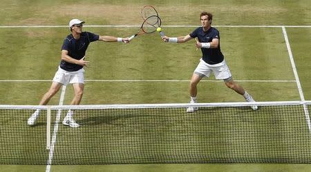 Tennis - Great Britain v France - Davis Cup World Group Quarter Final - Queen?s Club, London - 18/7/15 Great Britain's Andy Murray and Jamie Murray in action during their doubles match against Jo Wilfried Tsonga and Nicolas Mahut of France Action Images via Reuters / Andrew Boyers Livepic