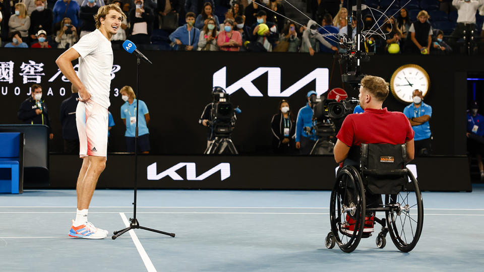 Alexander Zverev, pictured here speaking to Dylan Alcott after his win over John Millman at the Australian Open.