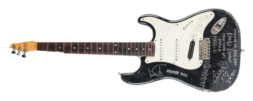 A Fender Stratocaster played and smashed by Nirvana's Kurt Cobain
