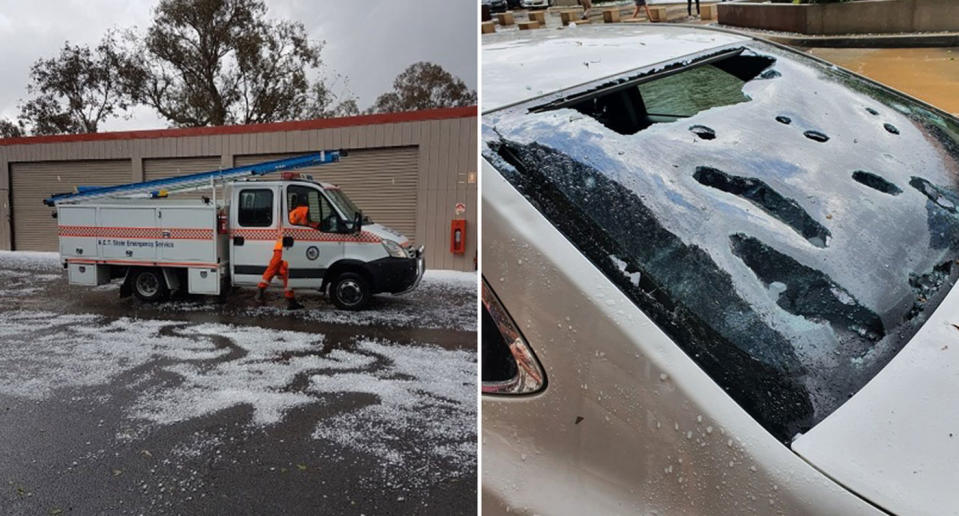 Hail damage is seen in Canberra with a car window smashed and an emergency vehicle surrounded by white, icy precipitation. 