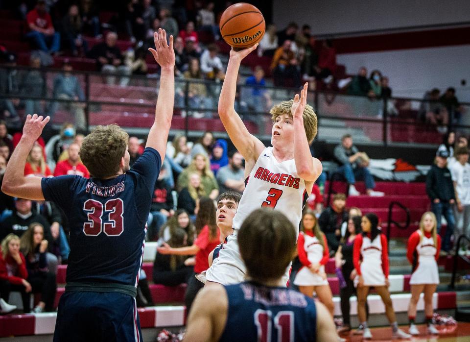 Wapahani's Aidan Franks shoots against Blue River during their game at Wapahani High School Tuesday, Dec. 28, 2021.