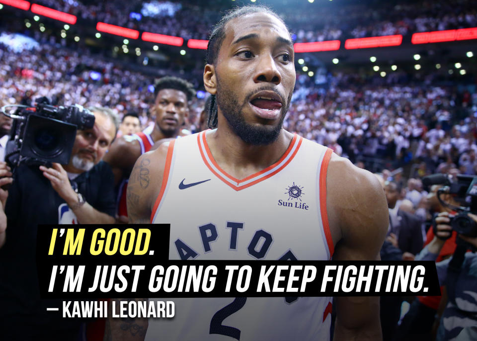 Kawhi Leonard <a href="https://sports.yahoo.com/kawhi-leonard-says-hes-good-after-limping-throughout-game-3-victory-141803240.html" data-ylk="slk:doesn't seem to be worried;elm:context_link;itc:0;sec:content-canvas;outcm:mb_qualified_link;_E:mb_qualified_link;ct:story;" class="link  yahoo-link">doesn't seem to be worried</a> about an apparent left leg injury following the Raptors' double overtime victory in Game 3.