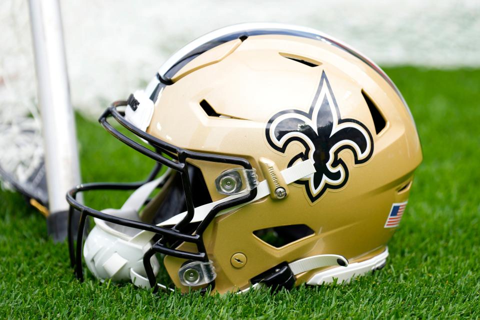 Sep 24, 2023; Green Bay, Wisconsin, USA; An New Orleans Saints helmet during warmups prior to the game against the Green Bay Packers at Lambeau Field. Mandatory Credit: Jeff Hanisch-USA TODAY Sports