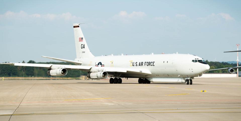 An E-8C JSTARS aircraft taxis at Ramstein Air Base, Germany, during the last few weeks of operations for the type. <em>U.S. Air Force/Airman 1st Class Jared Lovett</em><br>