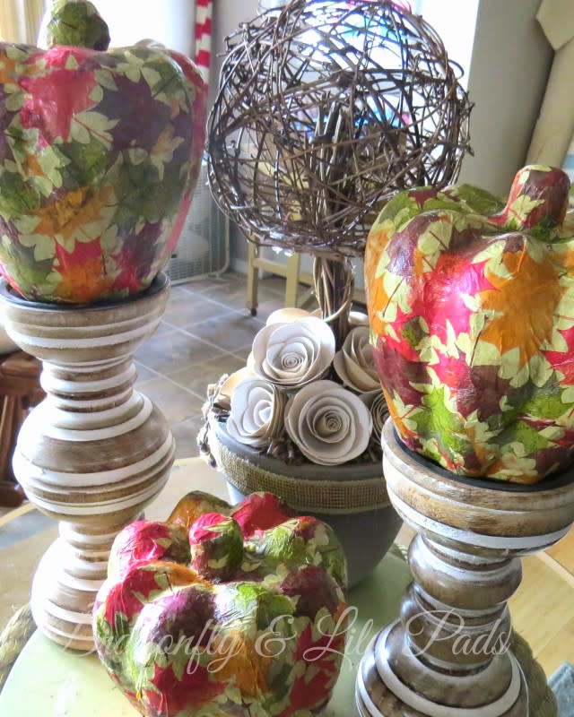 <p>Dragonfly and Lily Pads</p><p>These colorful pumpkins would make a great Thanksgiving table centerpiece. You can find this project at <a href="http://www.dragonflyandlilypads.com/2014/11/fall-mod-podge-pumpkins.html" rel="nofollow noopener" target="_blank" data-ylk="slk:Dragonfly and Lily Pads;elm:context_link;itc:0;sec:content-canvas" class="link ">Dragonfly and Lily Pads</a>.</p>