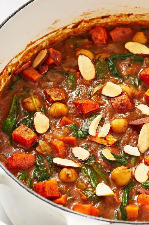 <p>If you've got a well stocked cupboard, you should have all these ingredients already in stock. This curry is seriously worth the TLC. </p><p>Get the <a href="https://www.delish.com/uk/cooking/recipes/a29782603/sweet-potato-chickpea-curry/" rel="nofollow noopener" target="_blank" data-ylk="slk:Sweet Potato And Chickpea Curry;elm:context_link;itc:0;sec:content-canvas" class="link ">Sweet Potato And Chickpea Curry</a> recipe.</p>