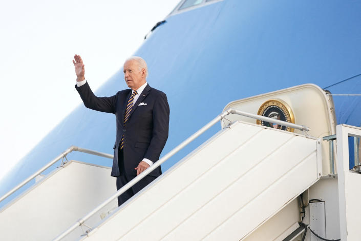 U.S. President Joe Biden waves upon arrival in Helsinki, Finland, on July 12.<span class="copyright">Kevin Lamarque—Reuters</span>
