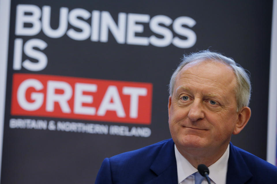 Lord Mayor of the City of London Peter Estlin speaks during a news conference in Hong Kong, Tuesday, Feb. 19, 2019. Estlin paid an official visit to Hong Kong from Feb. 18 to 19 to reinforce the UK's links with cities across Asia. (AP Photo/Kin Cheung)