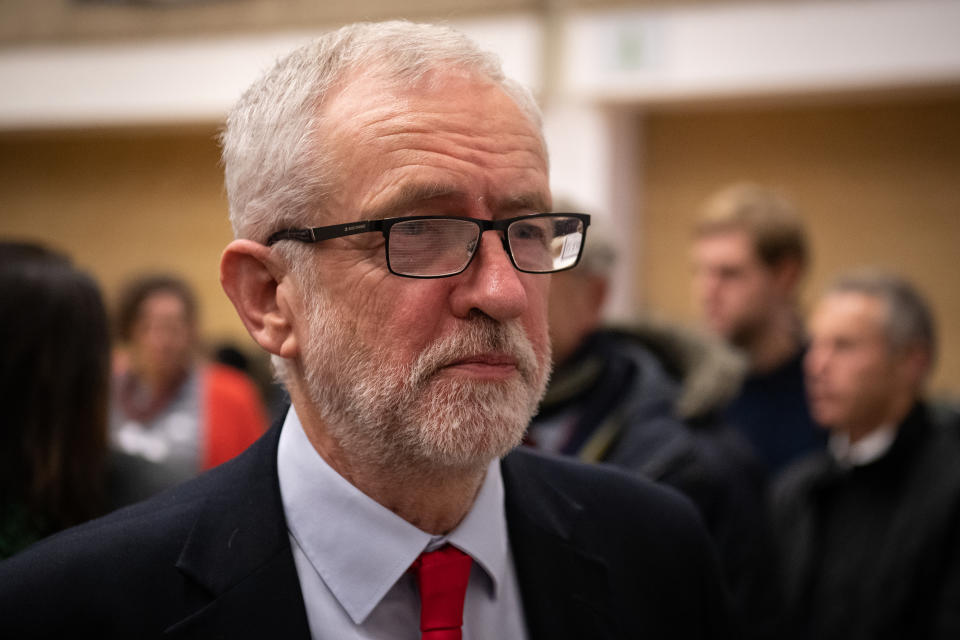 LONDON, ENGLAND - DECEMBER 13: Labour Party leader Jeremy Corbyn speaks with supporters at Sobell leisure centre after retaining his parliamentary seat on December 13, 2019 in London, England. Labour leader Jeremy Corbyn has held the Islington North seat since 1983. The current Conservative Prime Minister Boris Johnson called the first UK winter election for nearly a century in an attempt to gain a working majority to break the parliamentary deadlock over Brexit. The election results from across the country are being counted overnight and an overall result is expected in the early hours of Friday morning. (Photo by Leon Neal/Getty Images)