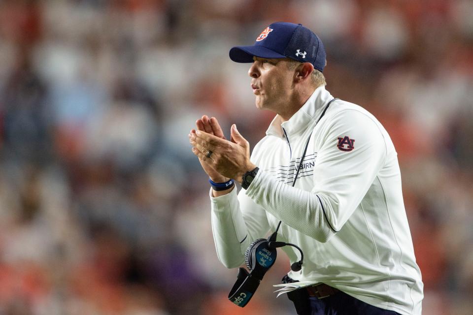 AUBURN, ALABAMA - SEPTEMBER 04: Head coach Bryan Harsin of the Auburn Tigers during their game against the Akron Zips in the third quarter of play at Jordan-Hare Stadium on September 04, 2021 in Auburn, Alabama. (Photo by Michael Chang/Getty Images)