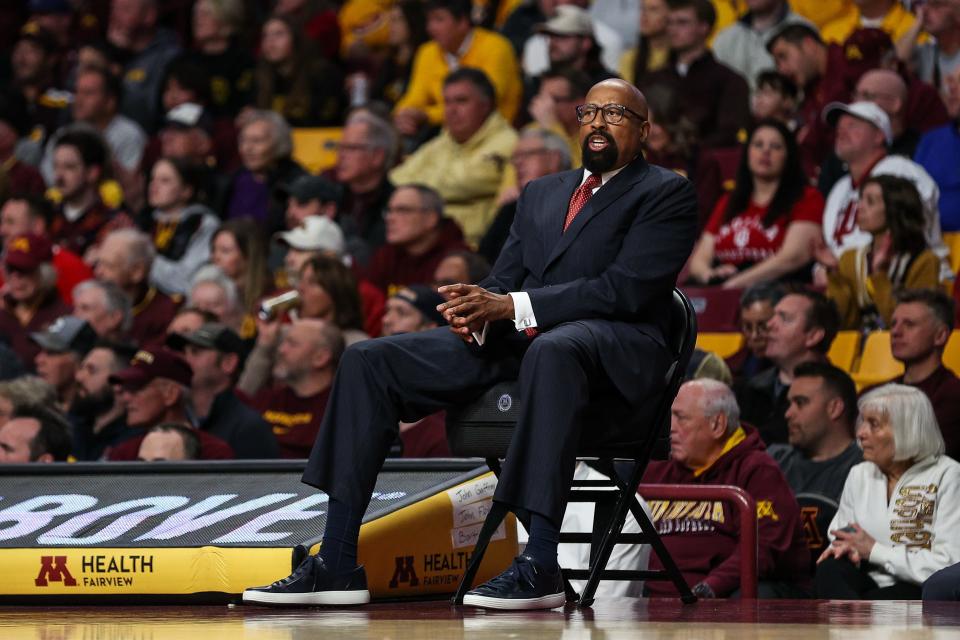 Mar 6, 2024; Minneapolis, Minnesota, USA; Indiana Hoosiers head coach Mike Woodson reacts during the first half against the Minnesota Golden Gophers at Williams Arena. Mandatory Credit: Matt Krohn-USA TODAY Sports