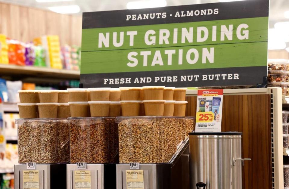 A station allows shoppers to grind their own nut butters at the Fort Worth Alliance H-E-B on Tuesday, April 9, 2024, in Fort Worth.