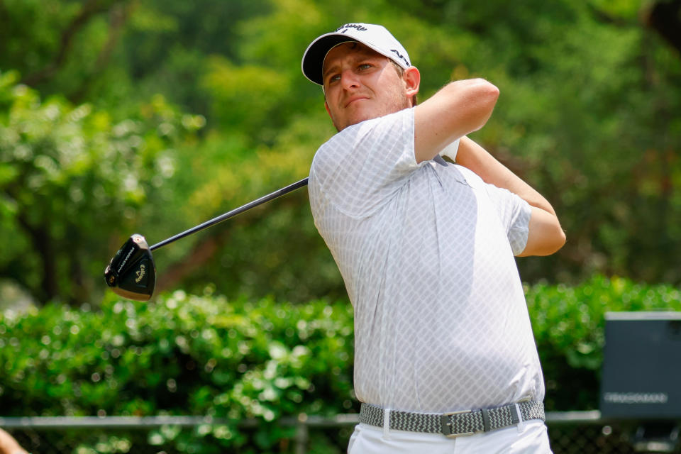 Emiliano Grillo tees off on #2 during the final round of the Charles Schwab Challenge