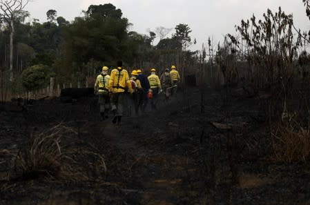 Firefighters walk at a burnt tract of Amazon jungle during an operation to combat fires in Amazon jungle in Porto Velho