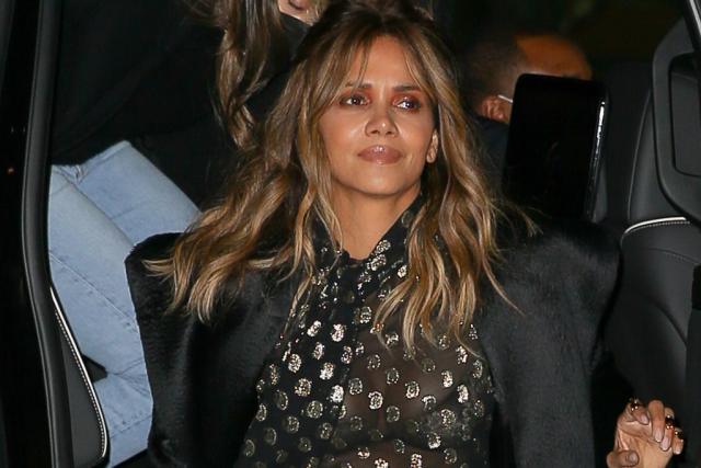 Halle Berry Celebrity Black Pussy - Halle Berry Wows in Sheer Pussy-Bow Top, Silky Joggers, Fishnets & Booties  on Date Night
