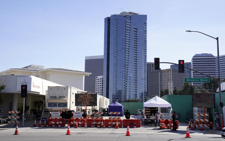 A road closure is pictured outside the 78th Golden Globe Awards at the Beverly Hilton, Sunday, Feb. 28, 2021, in Beverly Hills, Calif. (AP Photo/Chris Pizzello)