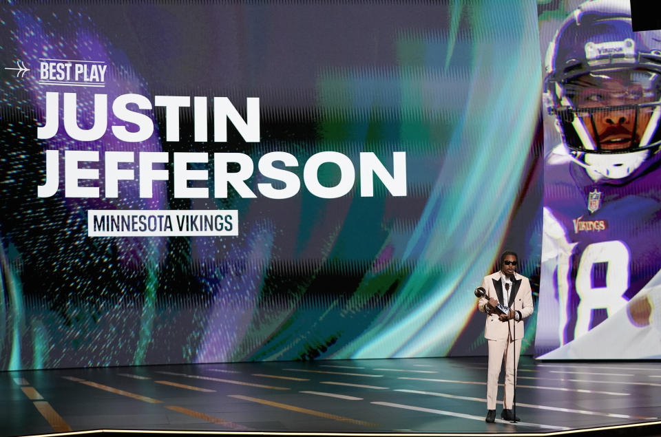 Professional NFL football player Justin Jefferson, of the Minnesota Vikings, accepts the award for best play for 'Catch of the Century' at the ESPY awards on Wednesday, July 12, 2023, at the Dolby Theatre in Los Angeles. (AP Photo/Mark J. Terrill)