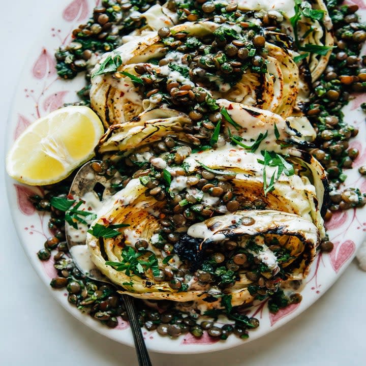 Cabbage steaks with lentils.