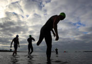 Competitors enter the ocean prior to the start of the Legacy Triathlon-USA Paratriathlon National Championships on July 20, 2019 in Long Beach, California. (Photo by Sean M. Haffey/Getty Images)