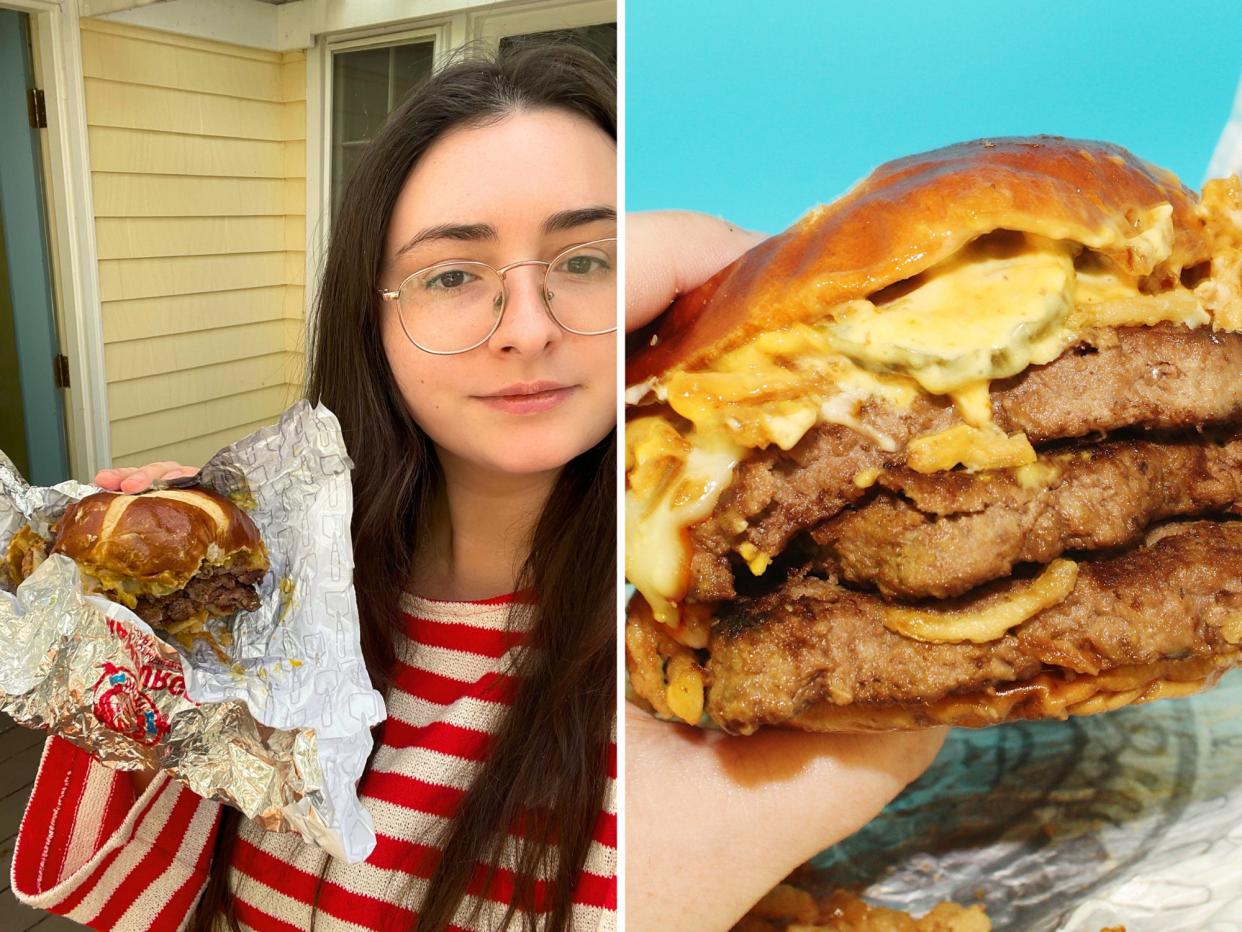 author holding wendys pub bacon club and a close up view of the burger