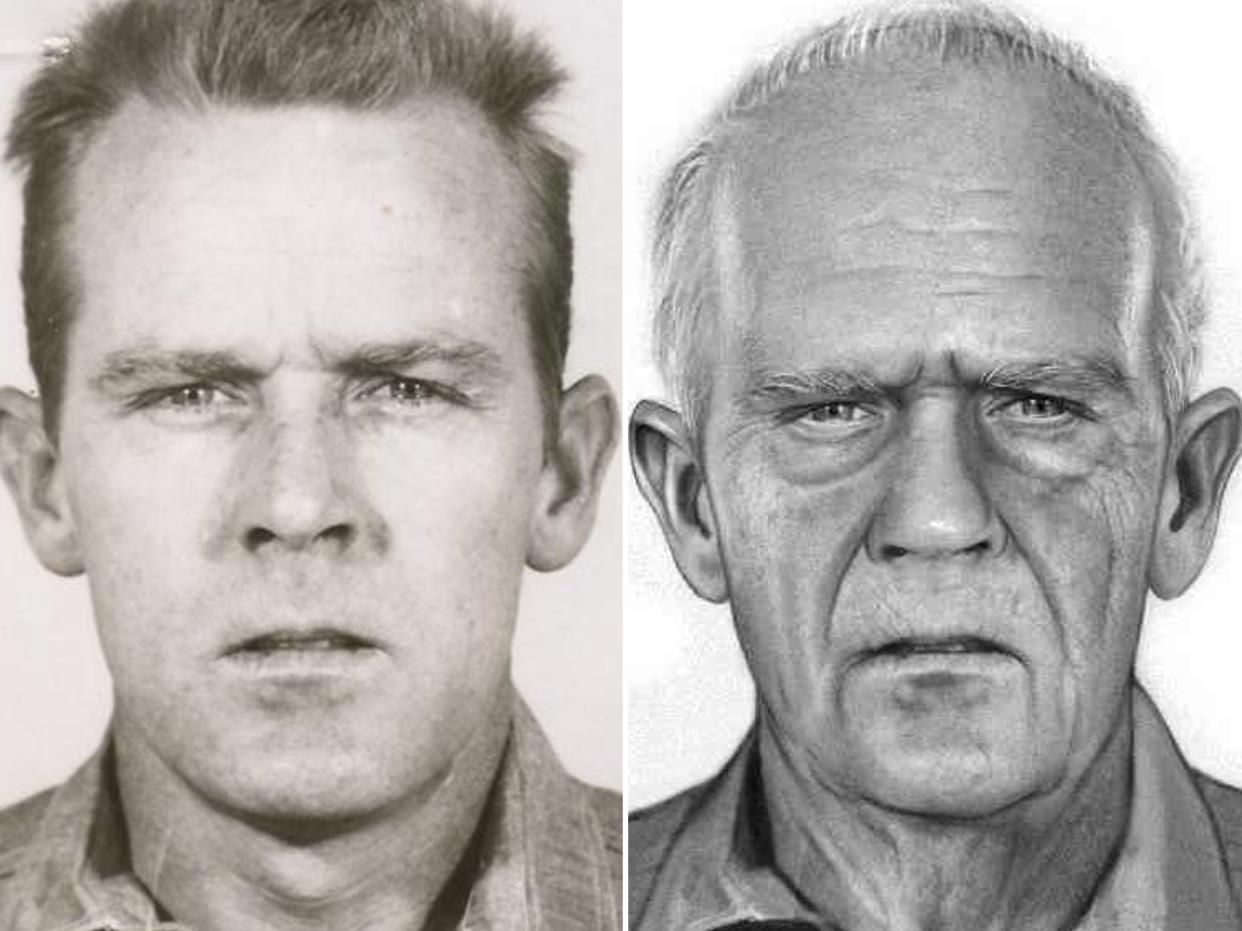 John William Anglin as he appeared when he escaped Alcatraz in 1962, and a digitally-aged version created in 2022.