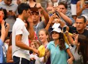 Sept 2, 2016; New York, NY, USA; Novak Djokovic of Serbia reacts after playing Mikhail Youzhny of Russia on day five of the 2016 U.S. Open tennis tournament at USTA Billie Jean King National Tennis Center. Robert Deutsch-USA TODAY Sports