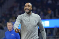 Orlando Magic head coach Jamahl Mosley gestures toward players during the first half of his team's NBA basketball game against the Golden State Warriors in San Francisco, Monday, Dec. 6, 2021. (AP Photo/Jeff Chiu)