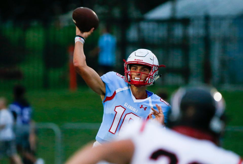 Glendale quarterback Cole Feuerbacher makes a pass as the falcons face off against the West Plains Zizzers on Friday, Sept. 2, 2022.