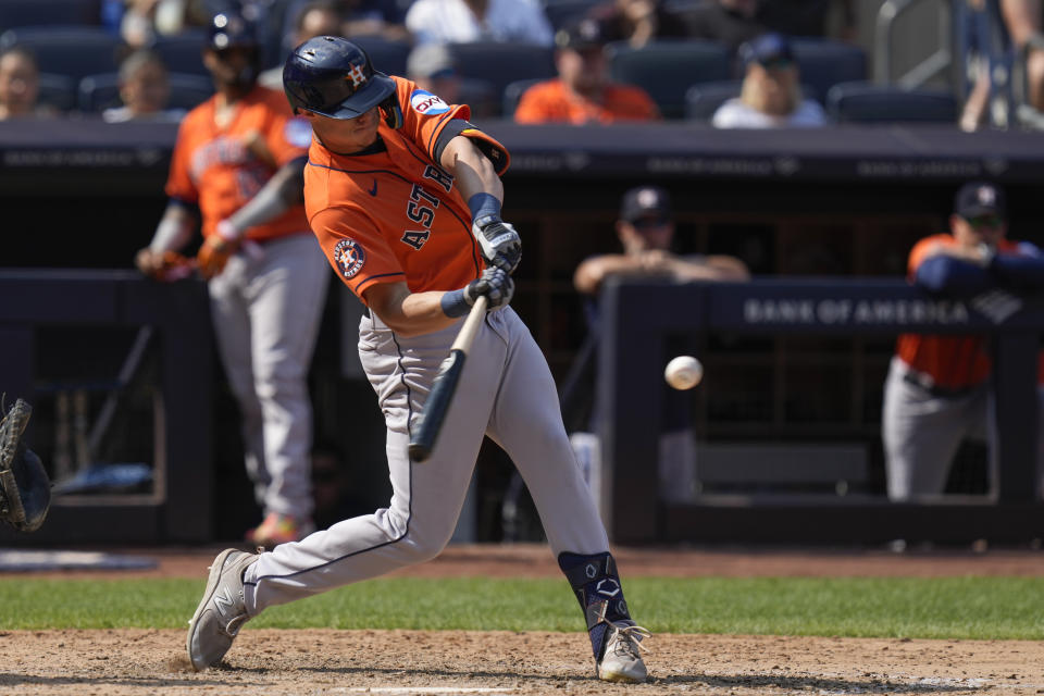 Houston Astros' Jake Meyers hits a three-run home run during the sixth inning of a baseball game against the New York Yankees at Yankee Stadium, Sunday, Aug. 6, 2023, in New York. (AP Photo/Seth Wenig)