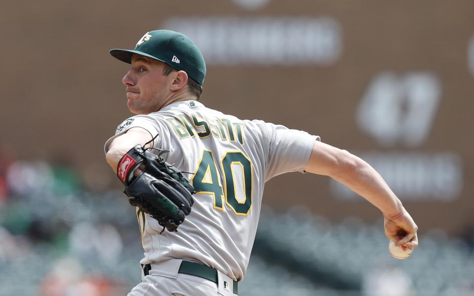 Oakland Athletics starting pitcher Chris Bassitt throws during the first inning of a baseball game against the Detroit Tigers, Thursday, May 16, 2019, in Detroit. (AP Photo/Carlos Osorio)