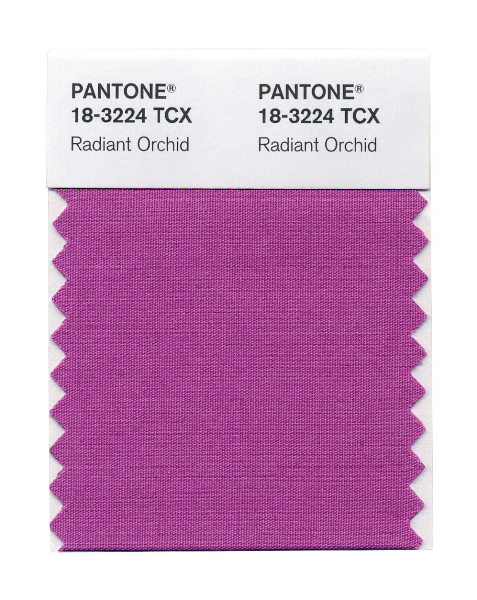 This photo provided by Pantone shows the Radiant Orchid color swatch for Pantone. Pantone’s Radiant Orchid, selected as color of the year will, in theory, will have a strong presence in fashion, beauty, home design and consumer products. (AP Photo/Pantone)