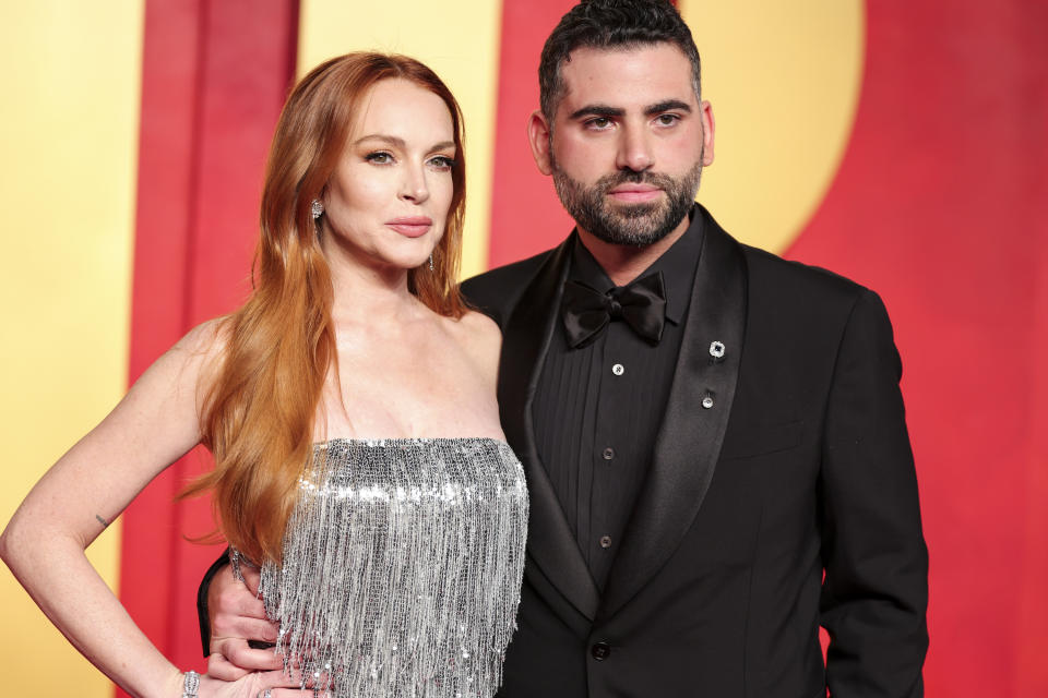 Lindsay Lohan and Bader Shammas at the 2024 Vanity Fair Oscar Party held at the Wallis Annenberg Center for the Performing Arts on March 10, 2024 in Beverly Hills, California. (Photo by Christopher Polk/Variety via Getty Images)