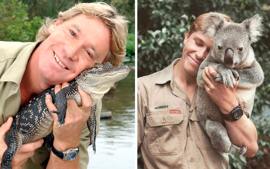 Steve Irwin holds baby crocodile (left) and Rob Irwin holds a koala (right) both in kahki look similar