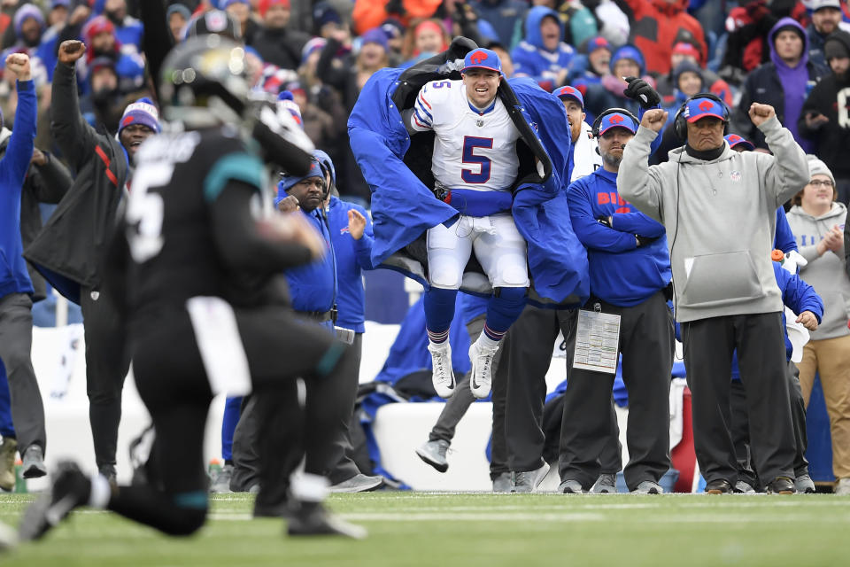 Did Buffalo Bills quarterback Matt Barkley jump like this when he saw a huge spider in his basement? We wouldn't blame him. (AP)