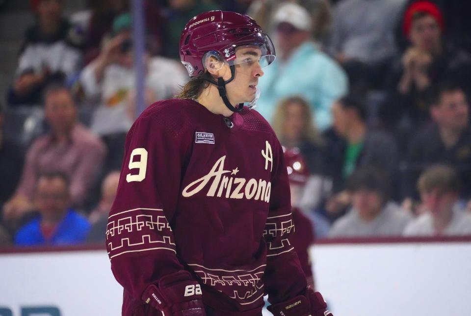 Coyotes forward Clayton Keller (9) takes to the ice against the Blackhawks during a game at the Mullett Arena in Tempe on March 18, 2023.