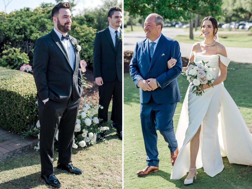 A side-by-side of a bride and groom seeing each other for the first time at the altar on their wedding day.