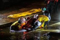 Rescue personnel work to save a small whale stranded in the River Thames in this picture obtained via social media, in London