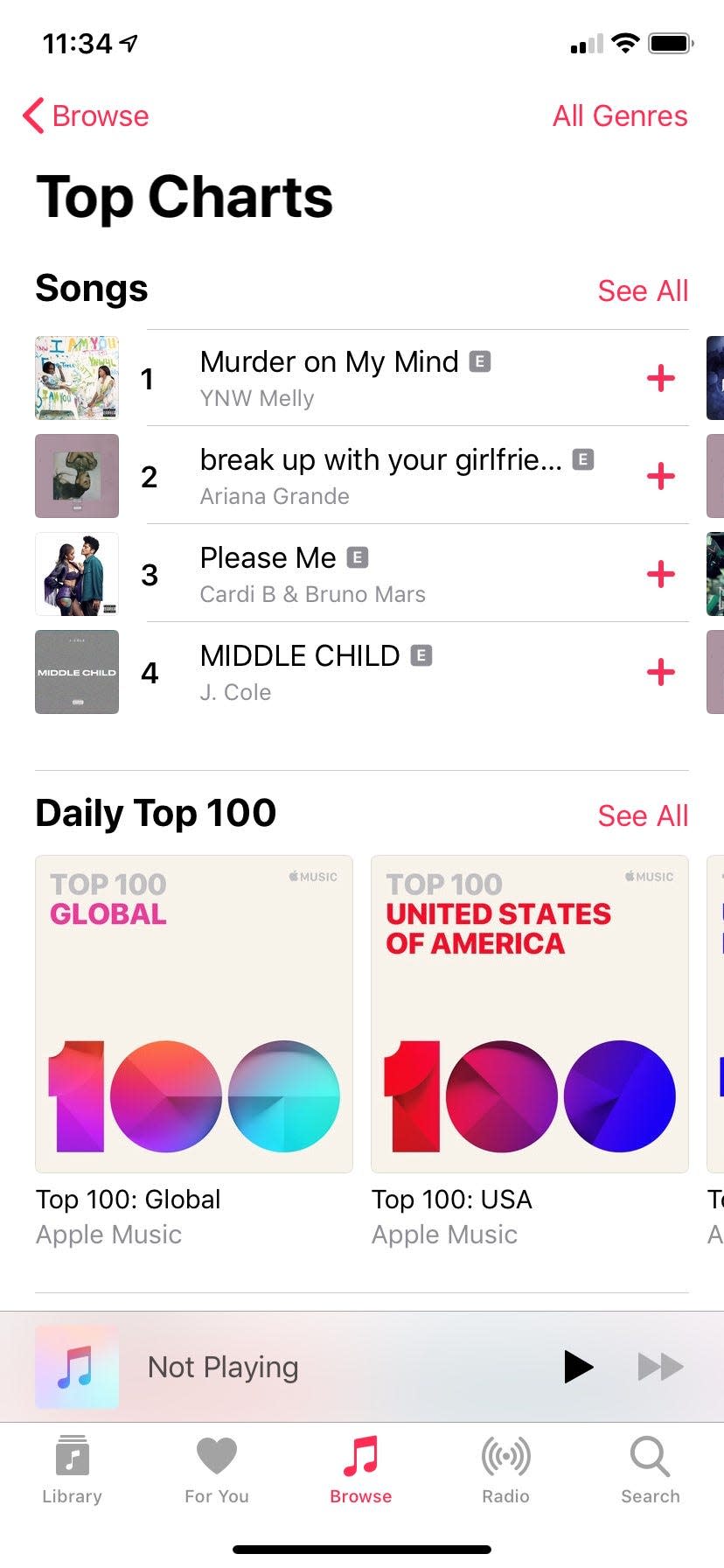 On Feb. 18, 2019, Apple Music listed YNW Melly's “Murder on My Mind” as the top song on its chart followed by songs from Ariana Grande and Cardi B & Bruno Mars.