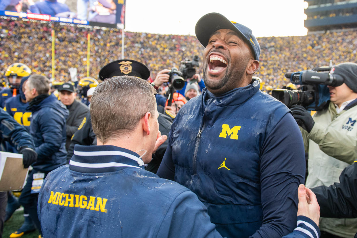 Sherrone Moore delivered the biggest win of his young career on Saturday as Michigan toppled Ohio State for a third straight time. (Aaron J. Thornton/Getty Images)