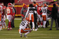 Cleveland Browns cornerback M.J. Stewart Jr. (36) reacts on the field after an NFL divisional round football game against the Kansas City Chiefs, Sunday, Jan. 17, 2021, in Kansas City. The Chiefs won 22-17. (AP Photo/Charlie Riedel)